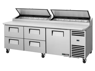 Table de préparation de pizza, 12 bacs GN 1/3, 4 tiroirs + 1 portes battantes solides
