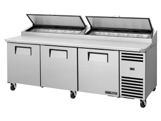 Table de préparation de pizza, 12 bacs GN 1/3, 3 portes battantes pleines