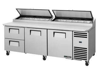 Table de préparation de pizza, 12 bacs GN 1/3, 2 tiroirs + 2 portes battantes pleines
