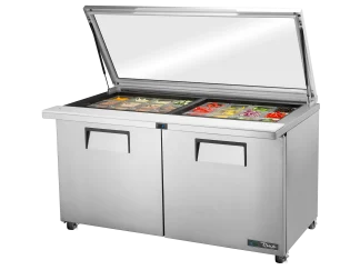 Table de préparation avec capot en verre, 24 bacs GN 1/6 bacs supérieurs, 2 portes battantes pleines