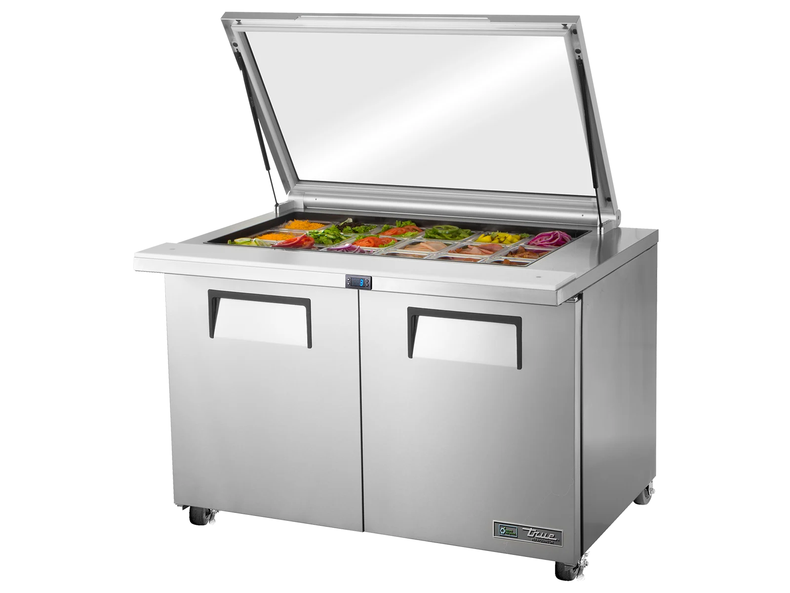 Table de préparation avec capot en verre, 18 bacs GN 1/6, 2 portes battantes pleines