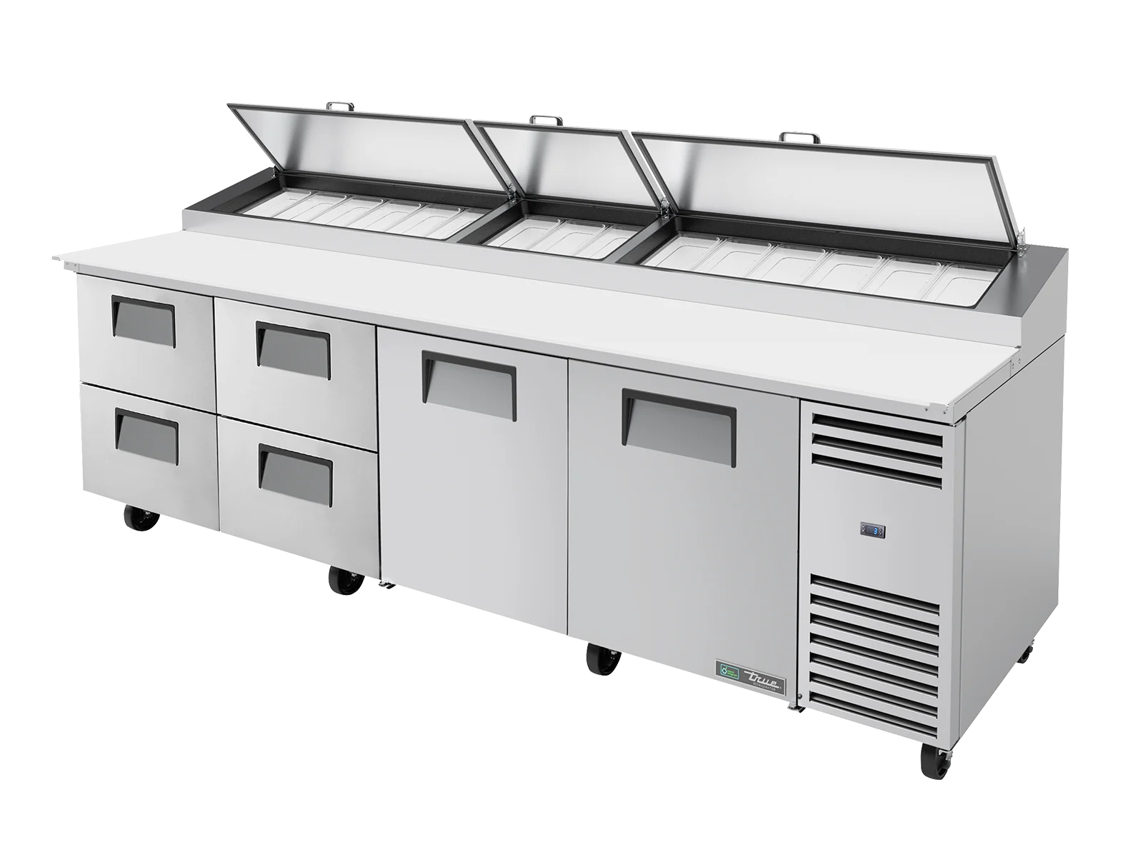 Table de préparation de pizza, 15 bacs GN 1/3, 4 tiroirs + 2 portes battantes pleines