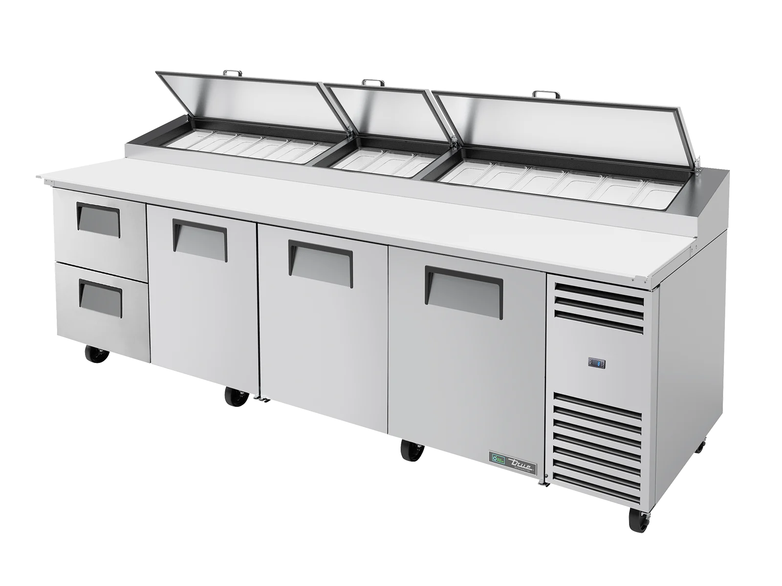 Table de préparation de pizza, 15 bacs GN 1/3, 2 tiroirs + 3 portes battantes pleines