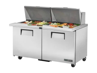 Table de préparation, bacs GN 24x 1/6, 2 portes battantes pleines